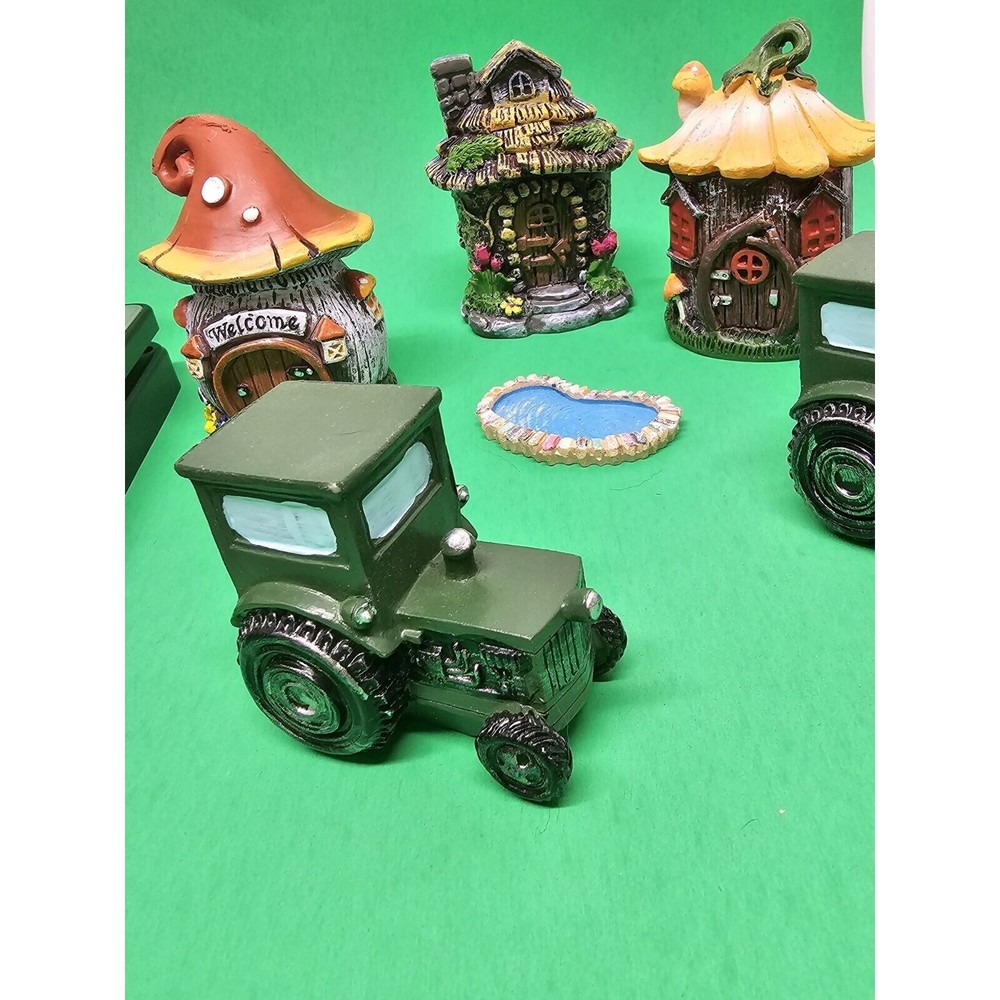 Fairy Village Six Pieces Three Huts, Two Vehicles, One Pond